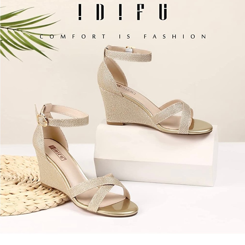 IDIFU 3 Inch Gold Glitter Wedge Sandals